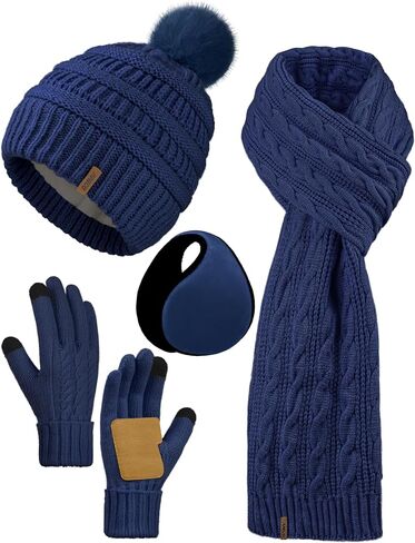 Aneco 4-in-1 Women Winter Beanie Hat Scarf Touchscreen Gloves Ear Warmer Set Fleece Lined Warm Knit Skull Cap with Pom Pom in Saudi Arabia