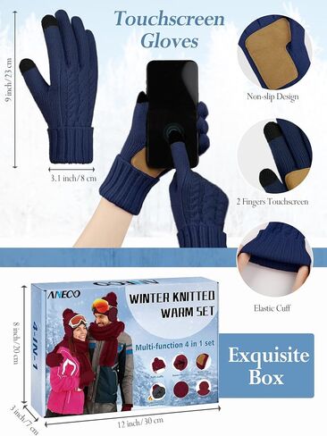 Aneco 4-in-1 Women Winter Beanie Hat Scarf Touchscreen Gloves Ear Warmer Set Fleece Lined Warm Knit Skull Cap with Pom Pom in Saudi Arabia