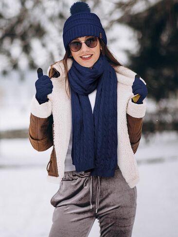 Aneco 4-in-1 Women Winter Beanie Hat Scarf Touchscreen Gloves Ear Warmer Set Fleece Lined Warm Knit Skull Cap with Pom Pom in Saudi Arabia