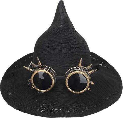 Halloween Steampunk Witch Hat Wool Knitted Wizard Hat with Gothic Gears & Removable Goggles Cosplay Costume Accessory in Saudi Arabia