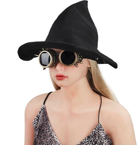 Halloween Steampunk Witch Hat Wool Knitted Wizard Hat with Gothic Gears & Removable Goggles Cosplay Costume Accessory in Saudi Arabia
