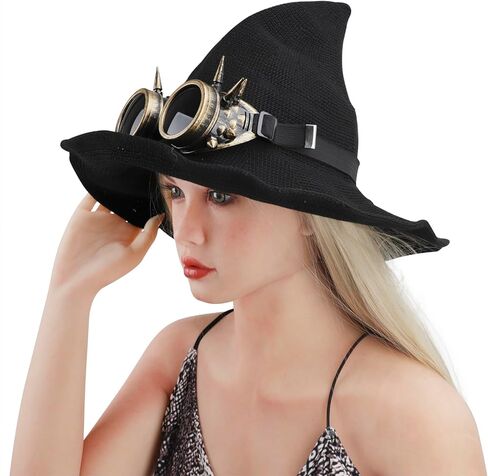 Halloween Steampunk Witch Hat Wool Knitted Wizard Hat with Gothic Gears & Removable Goggles Cosplay Costume Accessory in Saudi Arabia