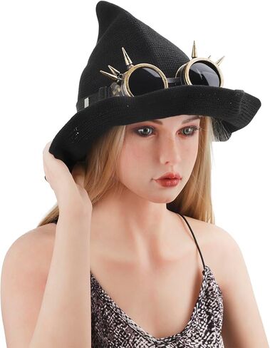 Halloween Steampunk Witch Hat Wool Knitted Wizard Hat with Gothic Gears & Removable Goggles Cosplay Costume Accessory in Saudi Arabia