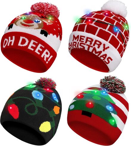4 Pack LED Light up Christmas Beanie Hats Xmas Knitted Hat Unisex Winter Hat Flashing Cap, Christmas Party Supplies in Saudi Arabia