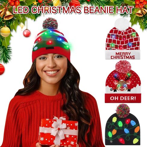 4 Pack LED Light up Christmas Beanie Hats Xmas Knitted Hat Unisex Winter Hat Flashing Cap, Christmas Party Supplies in Saudi Arabia