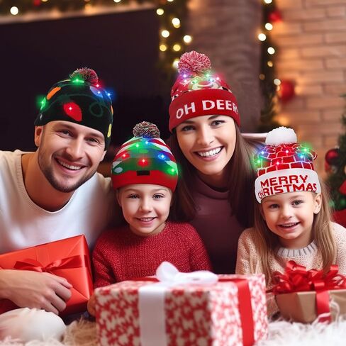 4 Pack LED Light up Christmas Beanie Hats Xmas Knitted Hat Unisex Winter Hat Flashing Cap, Christmas Party Supplies in Saudi Arabia