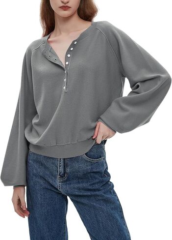 سويت شيرت نسائي بأكمام طويلة من Ladyful من Henley بأزرار وفتحة رقبة على شكل حرف V، بلوفر كاجوال فضفاض in Saudi Arabia