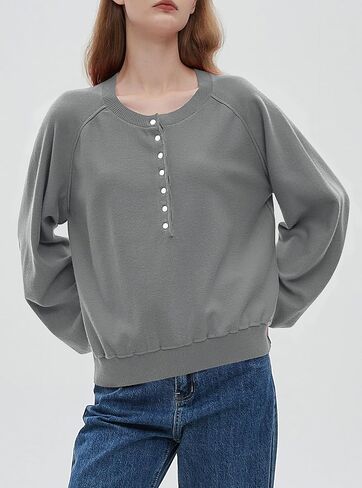 سويت شيرت نسائي بأكمام طويلة من Ladyful من Henley بأزرار وفتحة رقبة على شكل حرف V، بلوفر كاجوال فضفاض in Saudi Arabia