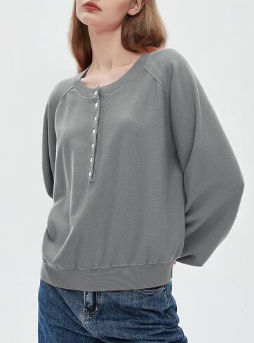سويت شيرت نسائي بأكمام طويلة من Ladyful من Henley بأزرار وفتحة رقبة على شكل حرف V، بلوفر كاجوال فضفاض in Saudi Arabia