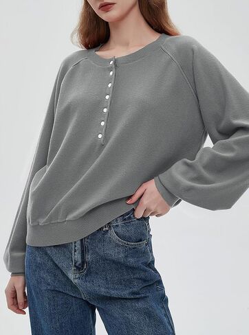 سويت شيرت نسائي بأكمام طويلة من Ladyful من Henley بأزرار وفتحة رقبة على شكل حرف V، بلوفر كاجوال فضفاض in Saudi Arabia