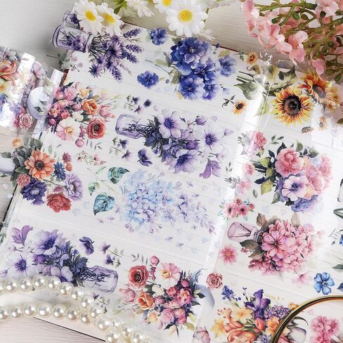 Journaling Scrapbook PET Tapes - Floral Scrapbooking Junk Journal Supplies, Flower Decorative Tapes for Art Crafts, Aesthetic Washi Tapes Scrapbooking Supplies, Floral Journaling Tapes in Kuwait