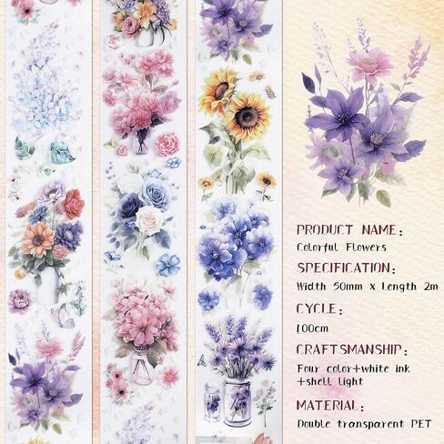 Journaling Scrapbook PET Tapes - Floral Scrapbooking Junk Journal Supplies, Flower Decorative Tapes for Art Crafts, Aesthetic Washi Tapes Scrapbooking Supplies, Floral Journaling Tapes in Kuwait