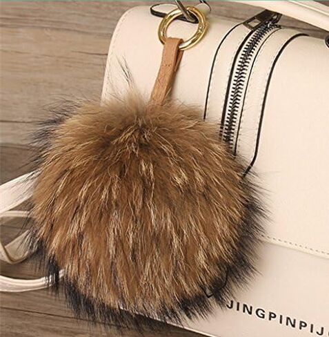 Fosrion Large Genuine Raccoon/Fox Fur Pom Keychain Bag Charm Fluffy Fur Ball in Saudi Arabia