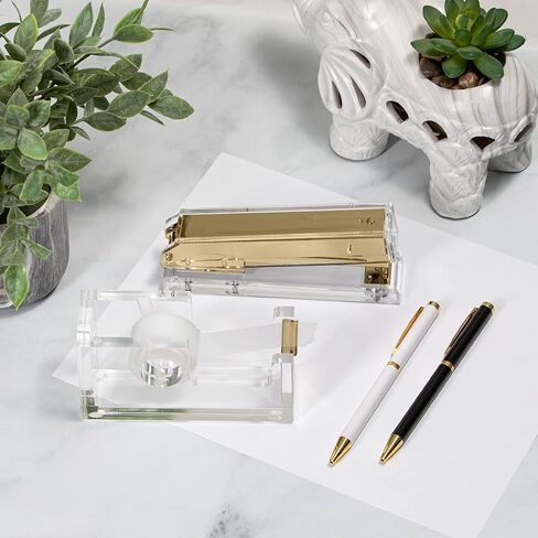 Staple & Stick Office Supplies Designer - Acrylic Lucite Silver Stapler and Tape Dispenser Gift Set - Elegant Chic Office Supplies in Kuwait