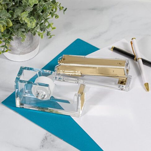 Staple & Stick Office Supplies Designer - Acrylic Lucite Silver Stapler and Tape Dispenser Gift Set - Elegant Chic Office Supplies in Kuwait