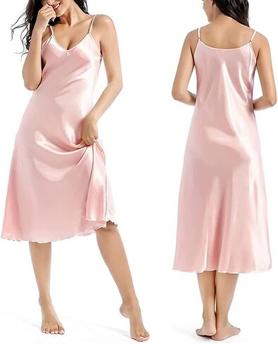 Women's Satin Nightgown Silk Slip Dress Sleepwear Sexy V Neck Negligee Lingerie Long Nightwear in Saudi Arabia
