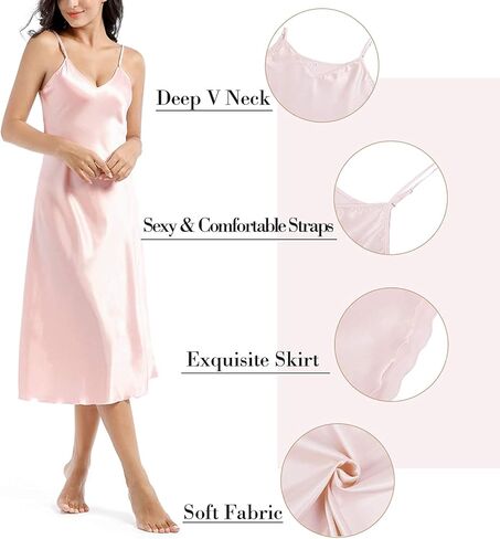 Women's Satin Nightgown Silk Slip Dress Sleepwear Sexy V Neck Negligee Lingerie Long Nightwear in Saudi Arabia