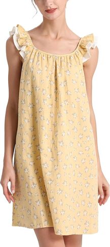 قميص نوم بأكمام قصيرة من AIGE: كتان قطني مسامي، طباعة رعوية مكشكشة، ملابس نوم للنساء. أصفر in Kuwait