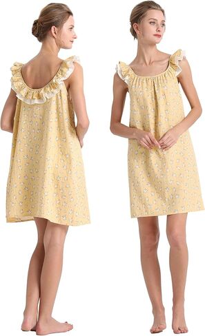 قميص نوم بأكمام قصيرة من AIGE: كتان قطني مسامي، طباعة رعوية مكشكشة، ملابس نوم للنساء. أصفر in Kuwait