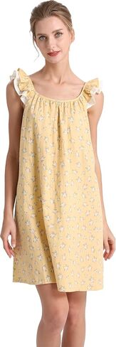 قميص نوم بأكمام قصيرة من AIGE: كتان قطني مسامي، طباعة رعوية مكشكشة، ملابس نوم للنساء. أصفر in Kuwait