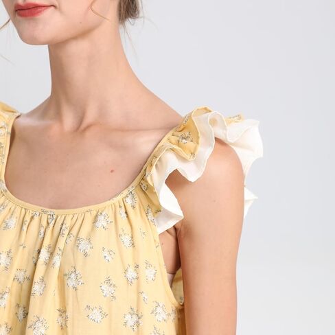 قميص نوم بأكمام قصيرة من AIGE: كتان قطني مسامي، طباعة رعوية مكشكشة، ملابس نوم للنساء. أصفر in Kuwait