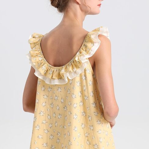 قميص نوم بأكمام قصيرة من AIGE: كتان قطني مسامي، طباعة رعوية مكشكشة، ملابس نوم للنساء. أصفر in Kuwait