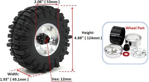 hobbysoul 4pcs RC 2.2 Mud Slingers Tires 124mm & 2.2 Beadlock Wheels Adjustable 4 Different Offsets Rims 6 Spokes for RC Mud Crawler Trail Gen8 Capra Wraith TRX4 in Kuwait