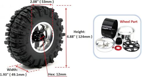 hobbysoul 4pcs RC 2.2 Mud Slingers Tires 124mm & 2.2 Beadlock Wheels Adjustable 4 Different Offsets Rims 6 Spokes for RC Mud Crawler Trail Gen8 Capra Wraith TRX4 in Kuwait