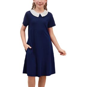 GORLYA Girls Peter Pan Collar Vintage Casual Loose Straight Swing T-Shirt Dress with Pockets 4-14Y