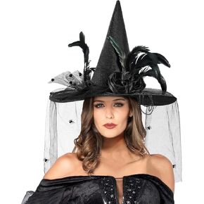 أماندير قبعة الساحرة للهالوين، قبعات الساحرة السوداء زي للنساء مع ريش الزهور والحجاب والخرز وإكسسوارات قبعة الساحرات in Kuwait