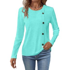 Minetom Women's Long Sleeve Shirts Round Neck Button Side Blouses Tops Fall Clothes