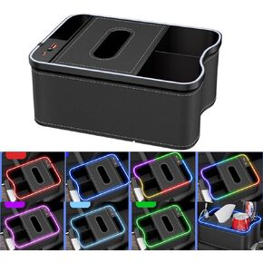 Car Armrest Storage Box Back Seat Organizer,7 color changing led car Passenger Seat Organizer, for Console Front/Back, Automotive Backseat Organizer Cup Holders for Accessories (Beige)