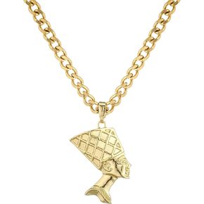 Egyptian Queen Nefertiti Necklace for Women Men Teens, 14K Gold Plated Nefertiti Pendant with 5mm Wide Stainless Steel Cuban Chain Necklace, Big and Small Head