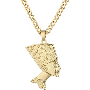 قلادة الملكة المصرية نفرتيتي للنساء والرجال والمراهقين، قلادة نفرتيتي مطلية بالذهب عيار 14 قيراط مع سلسلة كوبية من الفولاذ المقاوم للصدأ بعرض 5 مم، رأس كبيرة وصغيرة in Kuwait