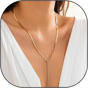 Gold Long Drop Y Necklace for Women Dainty Snake Bone Chain Link Choker Necklace Silver Cubic Zircon Pendant Necklace Fashion Jewelry Gifts