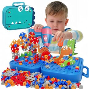 Design and Drill Toy for Boys Age 4-8, 351pc Kids Dinosaur Toy Electric Drill with Toolbox for Boys 4 5 6 7 8 Years Old, Creative Engineering Building Toy, Boys Brithdaty for Age 6-12