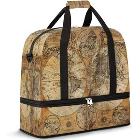 Vintage World Map Travel Duffle Bag, Sports Gym Bag with Shoes Compartment Weekender Bag Overnight Bag for Women Men