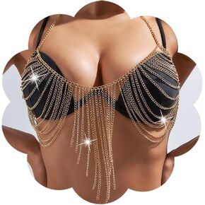 Boho Body Chain Bra Gold Tassel Bikini Bra Chains Sexy Halter Backless Brassiere Chain Beach Body Jewelry Rave Nightclub Party Body Accessories for Women
