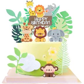 Jungle Safari Animal Cake Toppers, Wild One Animals Cake Decorations with Monkey Giraffe Lion Elephant Figurines, for Baby Shower Birthday Jungle Theme Party Supplies (Safari Animal Style)