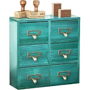 Vintage Card Catalog Drawers for Desktop - 6-Drawer Mini Wood Desktop Cabinet for Office Study Table - Solid Wood Storage Drawers for Table - Mahogany Wood Organizer Cabinet Drawers, Fully Assembled