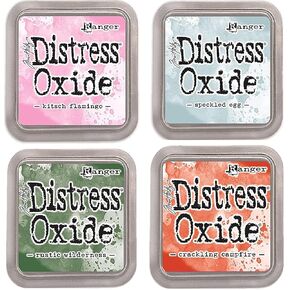 Generic Tim Holtz Distress Oxide Ink, Kitsch Flamingo, Speckled Egg, Rustic Wilderness, Crackling Campfire, 4 Fullsize Inkpads