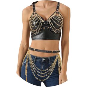 Navoky Punk leather Multilayer Body Chian Gothic Black Bra Chain Gold Metal Layered Waist Chains Adjustable Accessories Rave Outfits Nightclub Party Halloween for Women and Girls (Small)