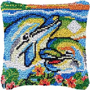NEWHOOK Latch Hook Kits for Adults Beginners DIY Animal Pillowcase Crafts Cover Case Latch Hook Rug Kits with Dolphin Preprinted Canvas Crochet Yarn Kits Needlework Crafts 17'' X 17'' (Dolphin)