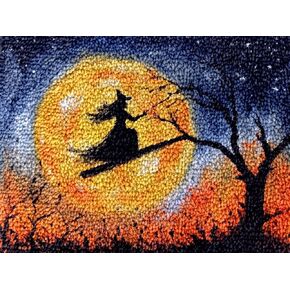 Generic Halloween Flying Witch Latch Hook Kits Rug DIY Cushion Tapestry Making Crochet Hook Mat Making Kits Color Preprinted Pattern Canvas DIY Carpet Needlework Crochet Kits 52x38cm (G11-4)