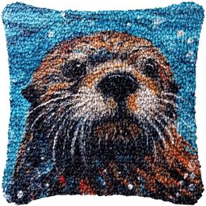 Sea Otter Latch Hook Pillow Cover Kits for DIY Handmade Throw Pillow Cross Stitch Latch Hook Pillowcase Rug Kits with Preprinted Color Pattern Canvas Crochet Yarn Kits 17''X 17''(m95)