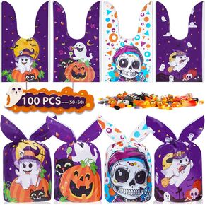 WANKODA Halloween Candy Bags, 100PCS Halloween Bags for Trick or Treat, Cute Rabbit Ear Small Halloween Bags Party Favor, Goodie Bags, Skull and Pumpkin Elements, Ghost