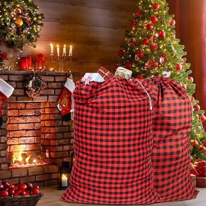 Reusable Jumbo Gift Bags with Drawstring, 27" × 20" Xmas Plaid Santa Bags, Extra Large Christmas Canvas Wrapping Bags for Storing Kids Presents, Holiday Gift Sacks Under 10 Dollars, (2 Pcs, Style 1)