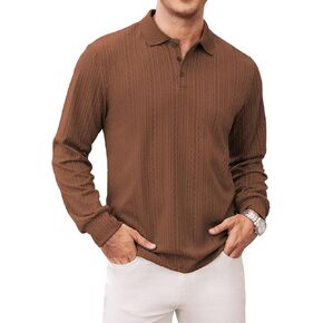Hardaddy Men's Long Sleeve Textured Polo Shirts Casual T-Shirts Lightweight Collar Shirts