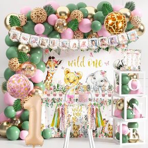 Wild One Birthday Decoration Safari Jungle Theme First Birthday Decoration for Boy Girl One Year Old Birthday Party Supplies Wild One Backdrop Safari Tablecloth Sage Green Balloon Arch Balloon Blocks