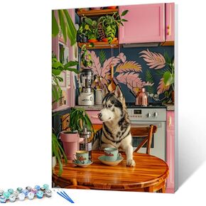Cat Sit Next to Table Paint by Numbers Kits for Adult,Leisurely Cat Paint by Numbers Jungle Leaf Painting on Canvas Pigment in Gift Box for Home Wall Decor Without Framed 16''W x 20''H